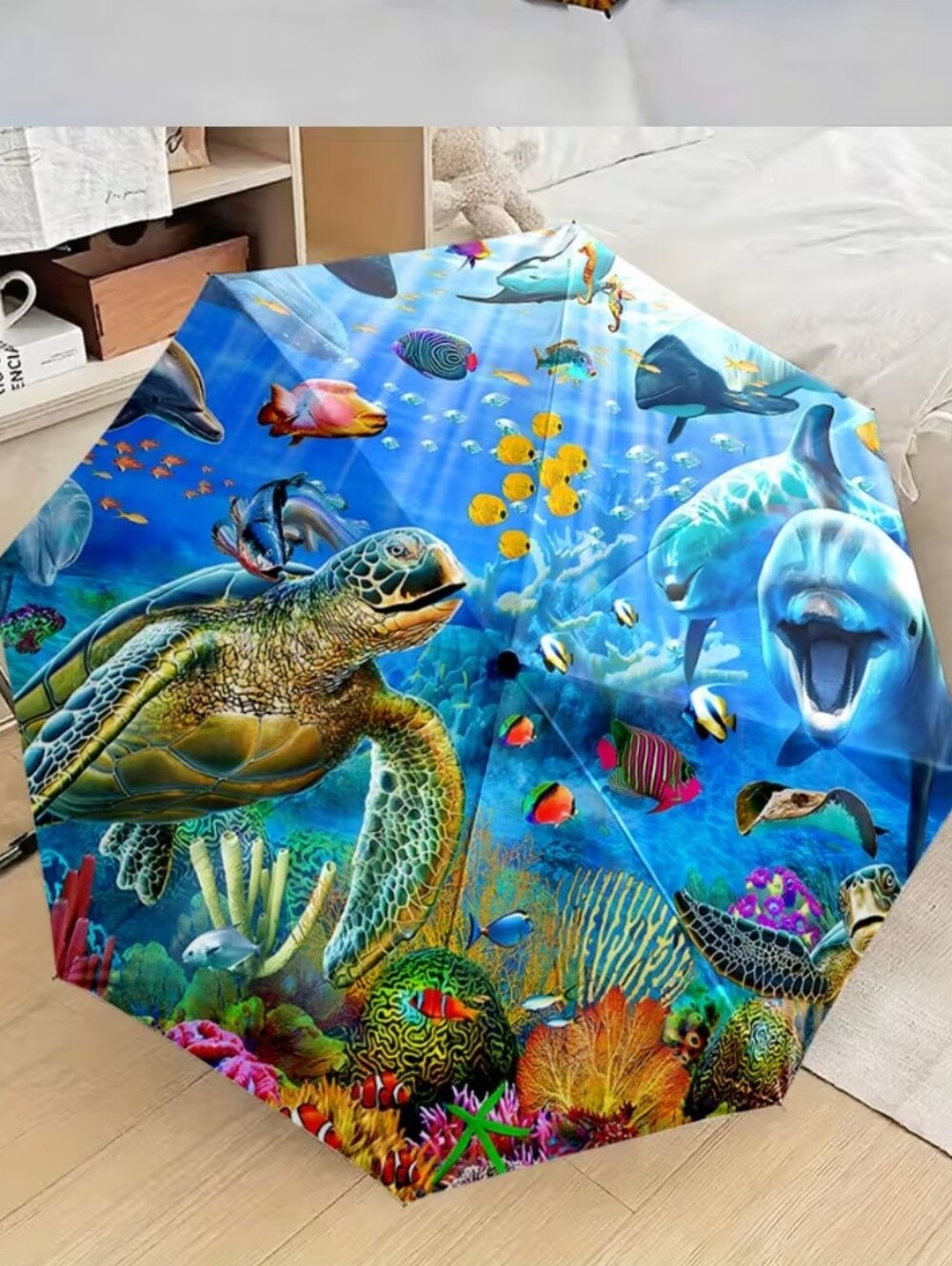 🆕️🐠🐬 Turtle & Dolphin With Tropical Fish Ocean Life Themed Compact Umbrella